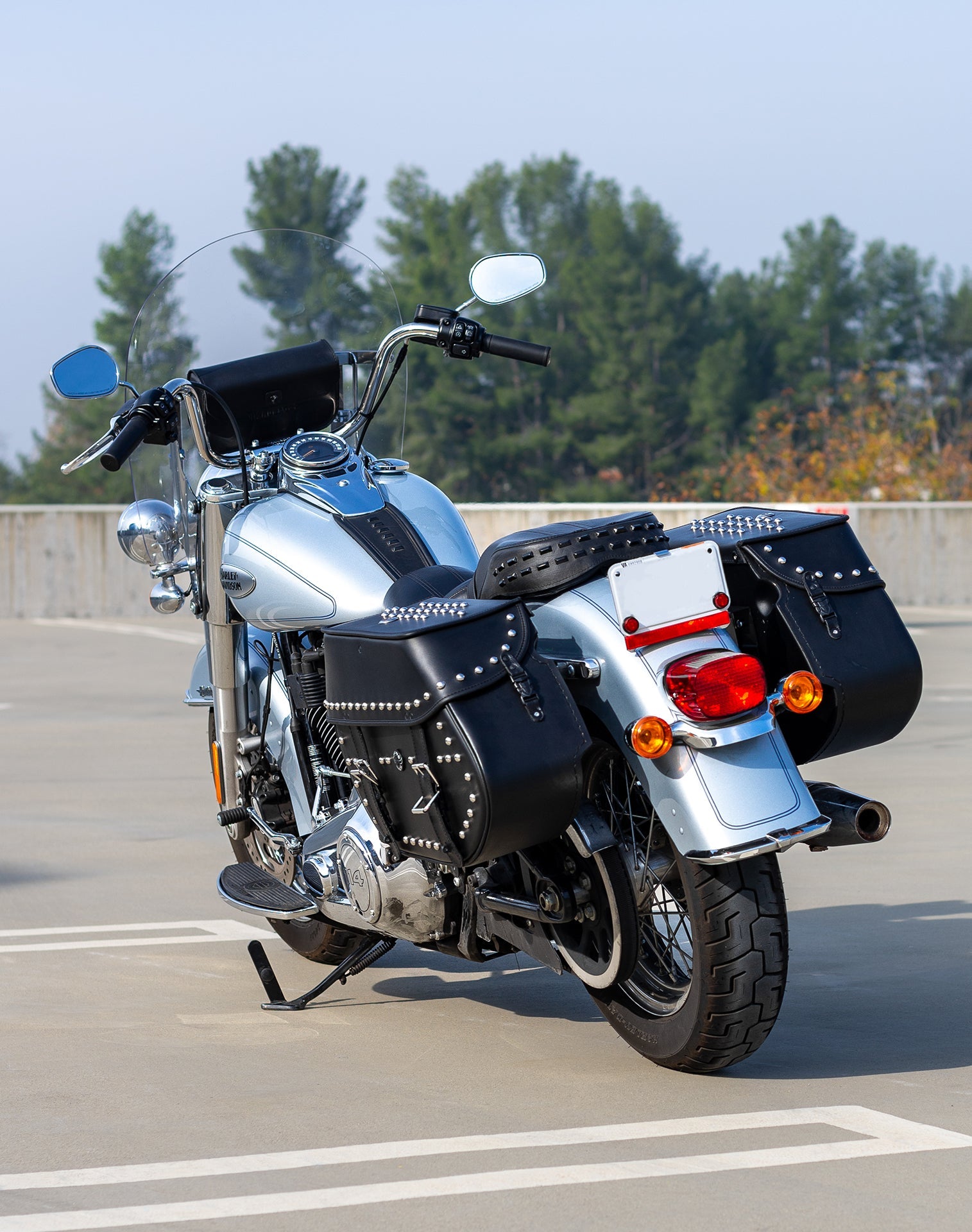 35L - Legacy Extra Large Studded Leather Motorcycle Saddlebags for Harley Softail Heritage FLHC/S - Image 4
